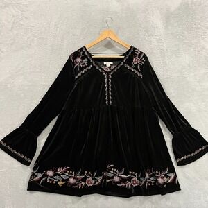 Style & Co Top Tunic Plus 1X Velvet Floral Embroidered Bell Sleeve Boho Artsy‎